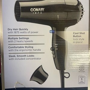 Con air 1875 hair dryer. Black 2 settings and a cool shot button.